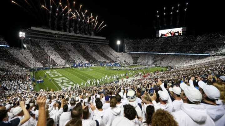 Oct 2, 2021; University Park, Pennsylvania, USA; Fireworks go off over top of Beaver Stadium as the the Indiana Hoosiers and the Penn State Nittany Lions take the field prior to the game. Mandatory Credit: Matthew OHaren-USA TODAY Sports