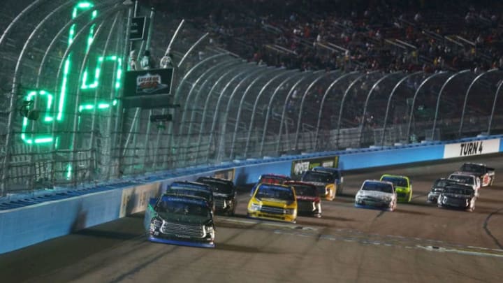 PHOENIX, AZ - NOVEMBER 09: Brett Moffitt, NASCAR Truck Series driver of the #16 KOBE Toyopet Hattori Racing Enterprises Toyota, wins the 2018 Lucas Oil 150 at ISM Raceway (Photo by Sarah Crabill/Getty Images)