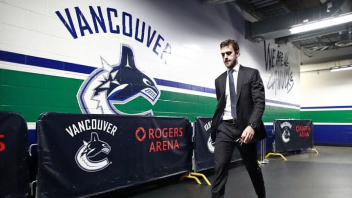 VANCOUVER, BC - MARCH 29: Brandon Sutter #20 of the Vancouver Canucks arrives at the arena before their NHL game against the Edmonton Oilers at Rogers Arena March 29, 2018 in Vancouver, British Columbia, Canada. (Photo by Jeff Vinnick/NHLI via Getty Images)"n