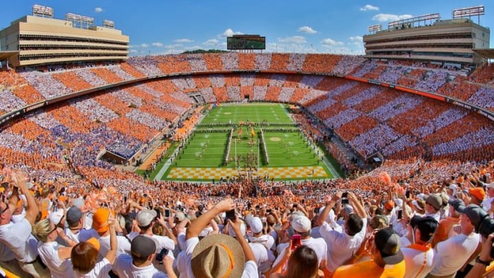 Sep 24, 2016; Knoxville, TN, USA; General view of the Tennessee Volunteers running through the T before the game against the Florida Gators at Neyland Stadium. Mandatory Credit: Randy Sartin-USA TODAY Sports