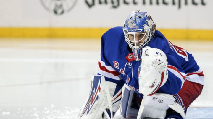 NEW YORK, NY - JANUARY 21: New York Rangers Goalie Alexandar Georgiev (40) stretches prior to the third period of the National Hockey League game between the New York Islanders and the New York Rangers on January 21, 2020 at Madison Square Garden in New York, NY. (Photo by Joshua Sarner/Icon Sportswire via Getty Images)