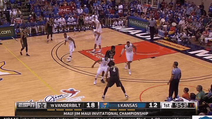Vanderbilt vs Kansas - Baldwin airball on fallaway jumper, poor decision making out of pick and roll, draws trap and forces shot instead of passing to Jones