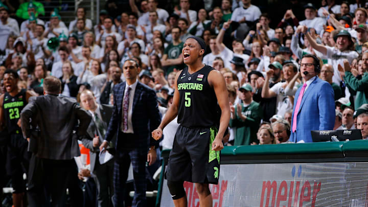 EAST LANSING, MI – FEBRUARY 17: Cassius Winston #5 of the Michigan State Spartans celebrates from the sidelines during a game against the Ohio State Buckeyes in the second half at Breslin Center on February 17, 2019 in East Lansing, Michigan. (Photo by Rey Del Rio/Getty Images)