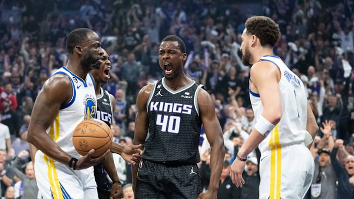 April 17, 2023; Sacramento, California, USA; Sacramento Kings forward Harrison Barnes (40) celebrates after a basket against the Golden State Warriors during the first quarter in game two of the first round of the 2023 NBA playoffs at Golden 1 Center. Mandatory Credit: Kyle Terada-USA TODAY Sports