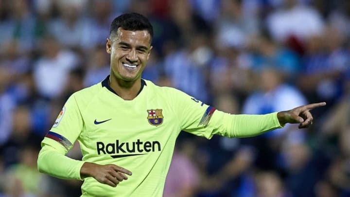 LEGANES, SPAIN - SEPTEMBER 26: Coutinho of FC Barcelona celebrates after scoring his team's first goal during the La Liga match between CD Leganes and FC Barcelona at Estadio Municipal de Butarque on September 26, 2018 in Leganes, Spain. (Photo by Quality Sport Images/Getty Images)