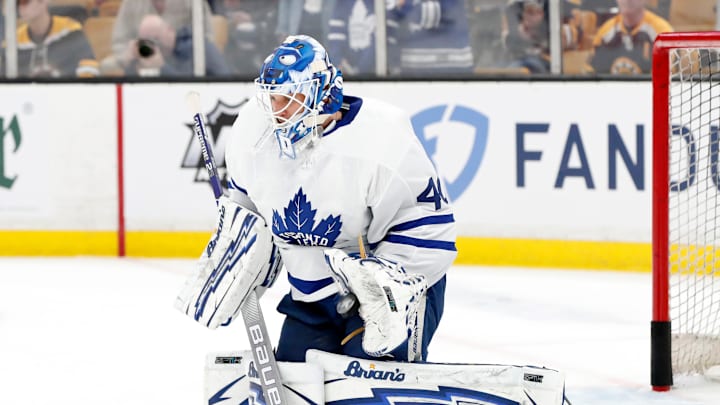 BOSTON, MA – APRIL 11: Toronto Maple Leafs goalie Garret Sparks (40) makes a save in warm up before Game 1 of the First Round between the Boston Bruins and the Toronto Maple Leafs on April 11, 2019, at TD Garden in Boston, Massachusetts. (Photo by Fred Kfoury III/Icon Sportswire via Getty Images)