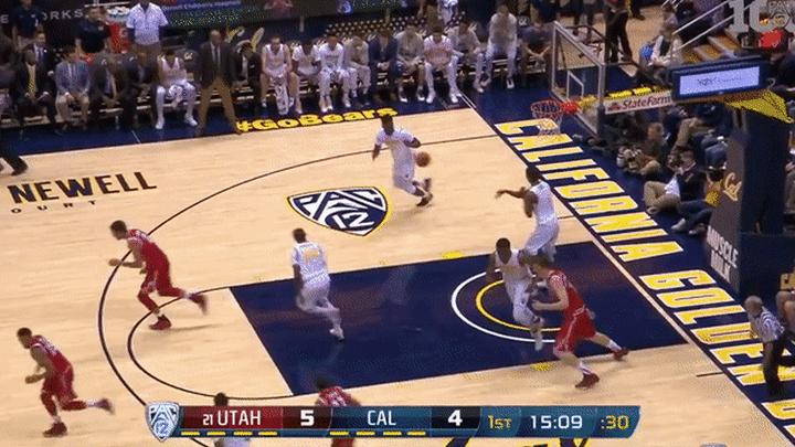 Utah @ California - Brown decision making in transition, drives right into two guys, gets blocked, gets ahead of himself