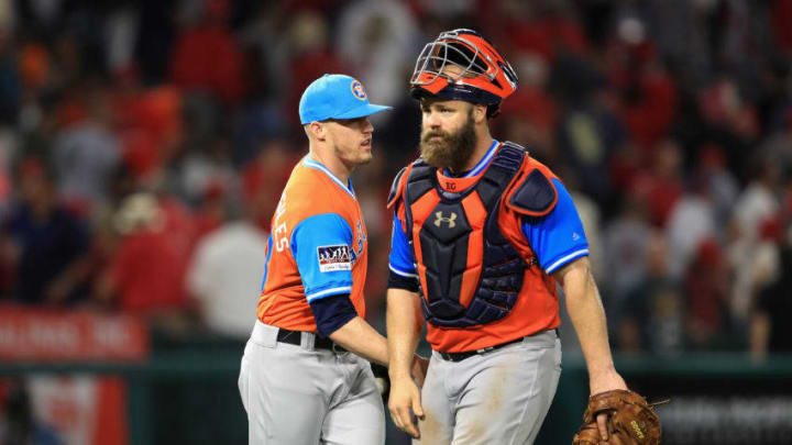 ANAHEIM, CA - AUGUST 25: Evan Gattis #11 and Ken Giles #53 of Houston Astros react after defeating the Los Angeles Angels of Anaheim 2-1 in a game at Angel Stadium of Anaheim on August 25, 2017 in Anaheim, California. (Photo by Sean M. Haffey/Getty Images)