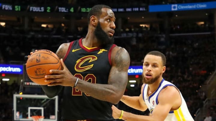 CLEVELAND, OH - JUNE 08: LeBron James #23 of the Cleveland Cavaliers defended by Stephen Curry #30 of the Golden State Warriors during Game Four of the 2018 NBA Finals at Quicken Loans Arena on June 8, 2018 in Cleveland, Ohio. NOTE TO USER: User expressly acknowledges and agrees that, by downloading and or using this photograph, User is consenting to the terms and conditions of the Getty Images License Agreement. (Photo by Gregory Shamus/Getty Images)