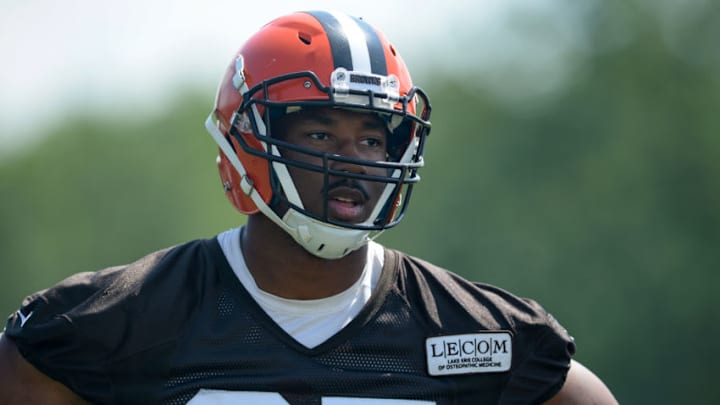 BEREA, OH - JUNE 14, 2017: Defensive end Myles Garrett #95 of the Cleveland Browns stands on the field during a veteran mini camp practice on June 14, 2017 at the Cleveland Browns training facility in Berea, Ohio. (Photo by: 2017 Nick Cammett/Diamond Images/Getty Images)