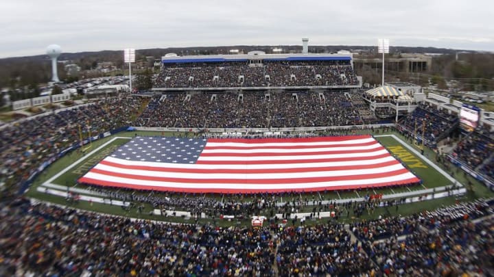 Dec 28, 2015; Annapolis, MD, USA; An American flag is unfurled prior to the game between the Pittsburgh Panthers and the Navy Midshipmen at Navy-Marine Corps. Stadium. Mandatory Credit: Geoff Burke-USA TODAY Sports