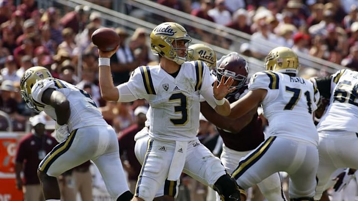 Sep 3, 2016; College Station, TX, USA; UCLA Bruins quarterback Josh Rosen (3) passes against the Texas A&M Aggies during the second quarter at Kyle Field. Mandatory Credit: Ray Carlin-USA TODAY Sports