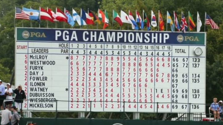 Aug 8, 2014; Louisville, KY, USA; A general view of the leader board along the 18th hole near the end of the second round of the 2014 PGA Championship golf tournament at Valhalla Golf Club. Mandatory Credit: Brian Spurlock-USA TODAY Sports