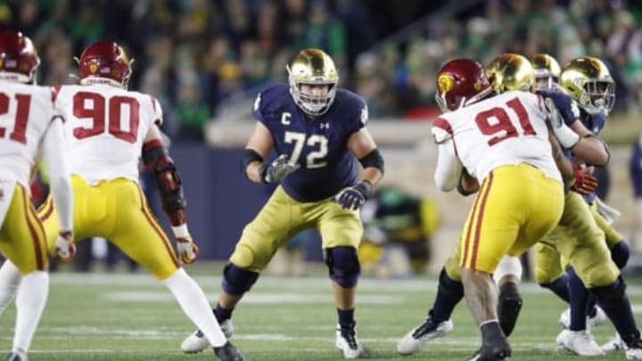 SOUTH BEND, IN – OCTOBER 12: Robert Hainsey #72 of the Notre Dame Fighting Irish blocks during a game against the USC Trojans at Notre Dame Stadium on October 12, 2019 in South Bend, Indiana. Notre Dame defeated USC 30-27. (Photo by Joe Robbins/Getty Images)