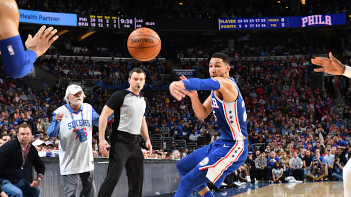 PHILADELPHIA, PA - APRIL 15: Ben Simmons #25 of the Philadelphia 76ers passes the ball against the Brooklyn Nets during Game Two of Round One of the 2019 NBA Playoffs on April 15, 2019 at the Wells Fargo Center in Philadelphia, Pennsylvania NOTE TO USER: User expressly acknowledges and agrees that, by downloading and/or using this Photograph, user is consenting to the terms and conditions of the Getty Images License Agreement. Mandatory Copyright Notice: Copyright 2019 NBAE (Photo by Jesse D. Garrabrant/NBAE via Getty Images)