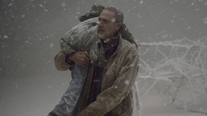 Cailey Fleming as Judith Grimes, Jeffrey Dean Morgan as Negan - The Walking Dead _ Season 9, Episode 16 - Photo Credit: Gene Page/AMC