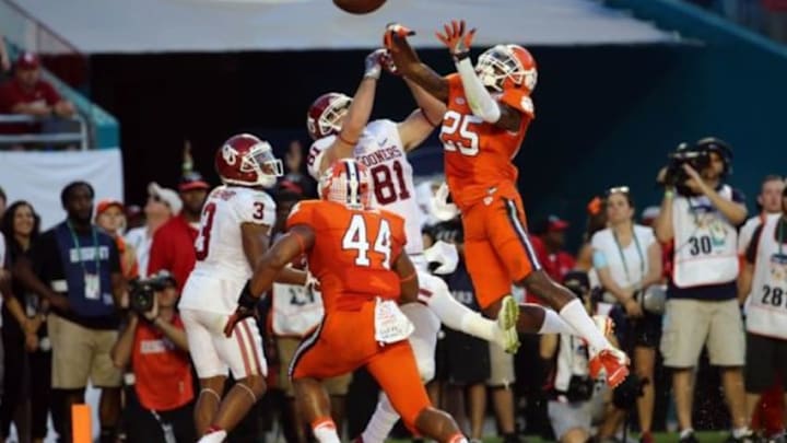 Dec 31, 2015; Miami Gardens, FL, USA; Clemson Tigers cornerback Cordrea Tankersley (25) breaks up a pass to Oklahoma Sooners tight end Mark Andrews (81) during the second quarter of the 2015 CFP semifinal at the Orange Bowl at Sun Life Stadium. Mandatory Credit: Steve Mitchell-USA TODAY Sports
