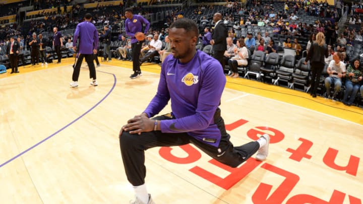 LOS ANGELES, CA - OCTOBER 10: Luol Deng #9 of the Los Angeles Lakers warms up before a preseason game against the Utah Jazz on October 10, 2017 at STAPLES Center in Los Angeles, California. NOTE TO USER: User expressly acknowledges and agrees that, by downloading and/or using this Photograph, user is consenting to the terms and conditions of the Getty Images License Agreement. Mandatory Copyright Notice: Copyright 2017 NBAE (Photo by Andrew D. Bernstein/NBAE via Getty Images)