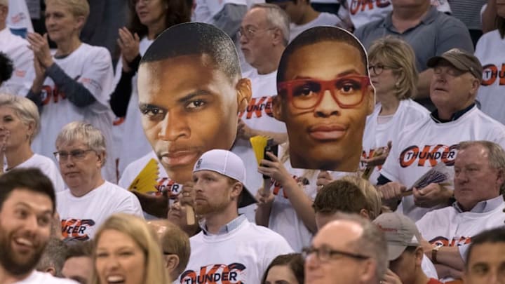 OKLAHOMA CITY, OK - APRIL 21: Oklahoma City Thunder fans cheer for Russell Westbrook