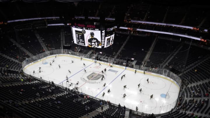 LAS VEGAS, NV - SEPTEMBER 28: A general view of the ice as the Colorado Avalanche and Vegas Golden Knights warm up before a preseason game at T-Mobile Arena on September 28, 2017 in Las Vegas, Nevada. Colorado won 4-2. (Photo by David Becker/NHLI via Getty Images)