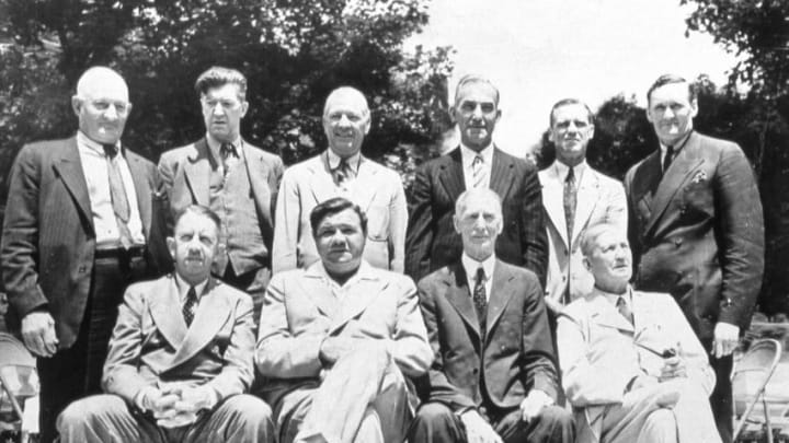 COOPERSTOWN, NY - JULY, 1939. The first inductees to the Baseball Hall of Fame pose for a group portrait in Cooperstown in July of 1939. They are: top row left to right Honus Wagner, Grover Cleveland Alexander, Tris Speaker, Nap Lajoie, George Sisler, and Walter Johnson. Front row Eddie Collins, Babe Ruth, Connie Mack, and Cy Young. (Photo by Mark Rucker/Transcendental Graphics, Getty Images)