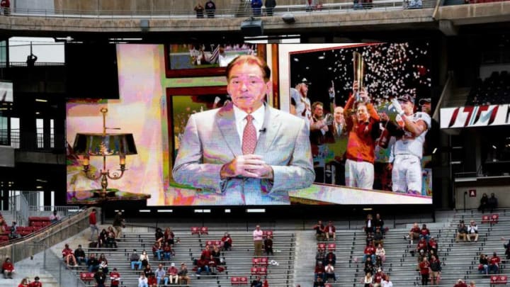 Auburn footballA prerecorded message from Alabama Head Coach Nick Saban is shown on the big screen at Bryant-Denny Stadium before the Iron Bowl. Saban missed the game because he tested positive for COVID-19.Iron30