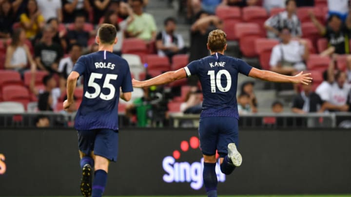 SINGAPORE, SINGAPORE - JULY 21: Harry Kane (1st R) of Tottenham Hotspur celebrates scoring his side's third goal with his team mates during the International Champions Cup match between Juventus and Tottenham Hotspur at the Singapore National Stadium on July 21, 2019 in Singapore. (Photo by Thananuwat Srirasant/Getty Images)