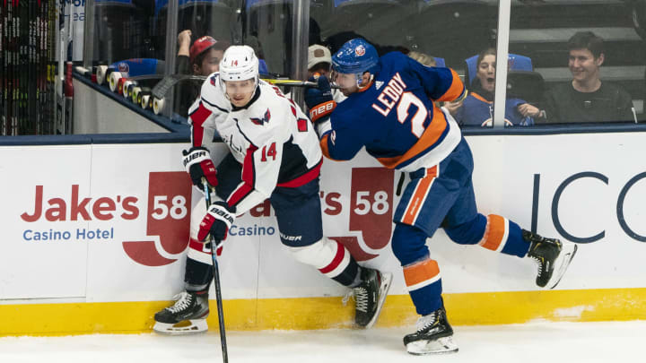 UNIONDALE, NY – OCTOBER 04: Washington Capitals Right Wing Richard Panik (14) controls the puck with New York Islanders Defenseman Nick Leddy (2) defending during the first period of the game between the Washington Capitals and the New York Islanders on October 4, 2019, at Nassau Veterans Memorial Coliseum in Uniondale, NY> (Photo by Gregory Fisher/Icon Sportswire via Getty Images)