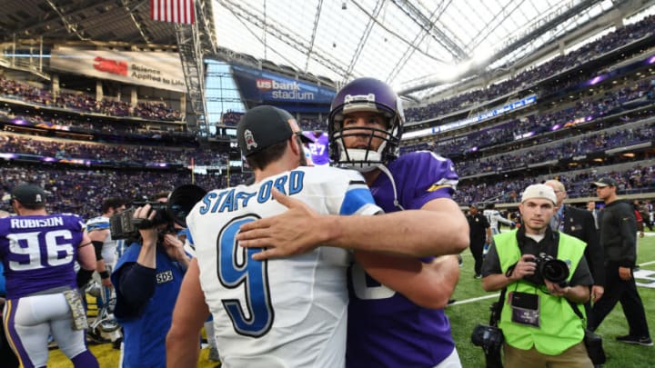 MINNEAPOLIS, MN - NOVEMBER 6: Sam Bradford #8 of the Minnesota Vikings and Matthew Stafford #9 of the Detroit Lions embrace after the game on November 6, 2016 at US Bank Stadium in Minneapolis, Minnesota. (Photo by Stacy Revere/Getty Images)