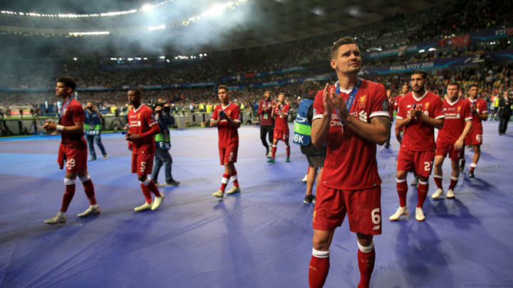 KIEV, UKRAINE - MAY 26: Dejan Lovren of Liverpool and his teammates look dejected following their defeat in the UEFA Champions League Final match between Real Madrid and Liverpool at the NSC Olimpiyskiy Stadium on May 26, 2018 in Kiev, Ukraine. (Photo by Simon Stacpoole/Offside/Getty Images)