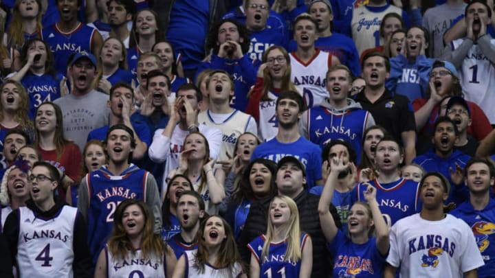 Kansas basketball fans cheer on their team during a game against the Iowa State Cyclones at Allen Fieldhouse. (Photo by Ed Zurga/Getty Images) *** Local Caption ***