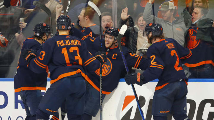 Nov 18, 2021; Edmonton, Alberta, CAN; Edmonton Oilers forward Connor McDavid (97) celebrates a third period goal against the Winnipeg Jets at Rogers Place. Mandatory Credit: Perry Nelson-USA TODAY Sports