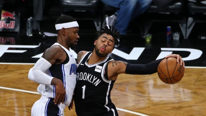 NEW YORK, UNITED STATES - OCTOBER 21: D'Angelo Russell of Brooklyn Nets in action during NBA basketball match between Brooklyn Nets and Orlando Magic in Barclays Center in Brooklyn borough of New York , United States on October 21, 2017. (Photo by Volkan Furuncu/Anadolu Agency/Getty Images)