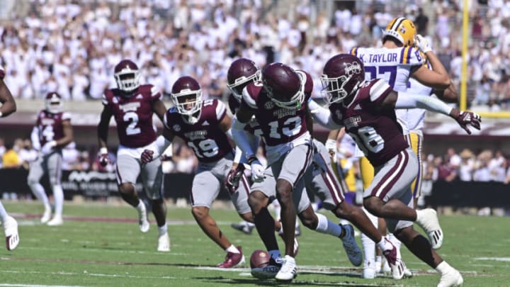 Sep 25, 2021; Starkville, Mississippi, USA; Mississippi State Bulldogs cornerback Emmanuel Forbes (13) reacts with teammates after an interception against the LSU Tigers during the second quarter at Davis Wade Stadium at Scott Field. Mandatory Credit: Matt Bush-USA TODAY Sports