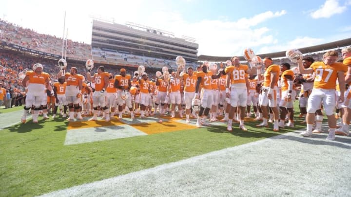 Sep 17, 2016; Knoxville, TN, USA; The Tennessee Volunteers celebrate after the game against the Ohio Bobcats at Neyland Stadium. Tennessee won 28-19. Mandatory Credit: Randy Sartin-USA TODAY Sports