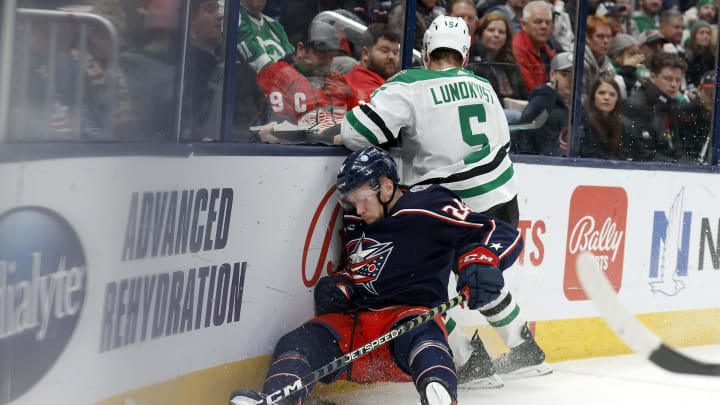 COLUMBUS, OH – DECEMBER 19: Mathieu Olivier #24 of the Columbus Blue Jackets and Nils Lundkvist #5 of the Dallas Stars. Olivier escaped injury. (Photo by Kirk Irwin/Getty Images)