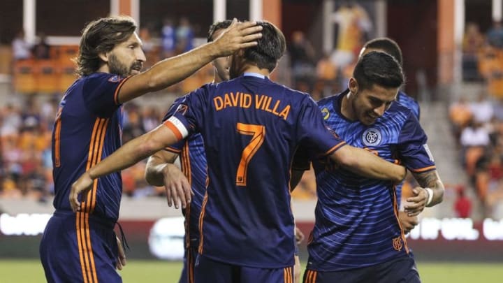 Sep 30, 2016; Houston, TX, USA; New York City FC forward David Villa (7) celebrates with teammates after scoring a goal during the second half against the Houston Dynamo at BBVA Compass Stadium. Mandatory Credit: Troy Taormina-USA TODAY Sports