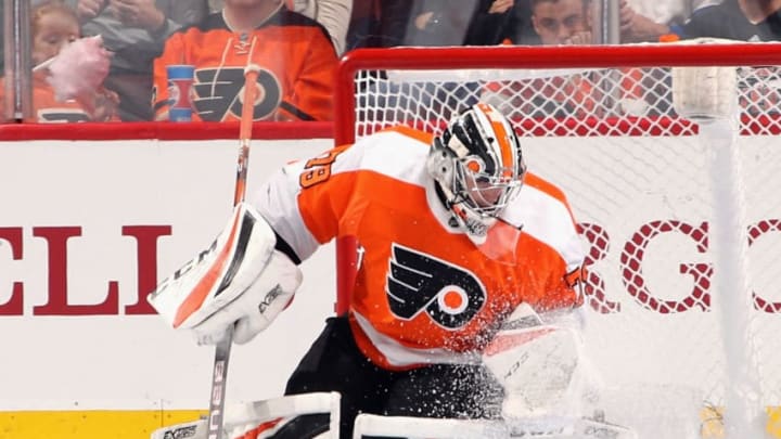 PHILADELPHIA, PENNSYLVANIA - SEPTEMBER 27: Carter Hart #79 of the Philadelphia Flyers makes the second period save against the New York Rangers at the Wells Fargo Center on September 27, 2018 in Philadelphia, Pennsylvania. (Photo by Bruce Bennett/Getty Images)