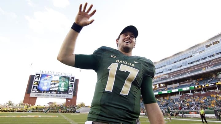 Oct 15, 2016; Waco, TX, USA; Baylor quarterback Seth Russell (17) during the playing of the fight song following the Bears 49-7 victory against the Kansas Jayhawks. Mandatory Credit: Ray Carlin-USA TODAY Sports