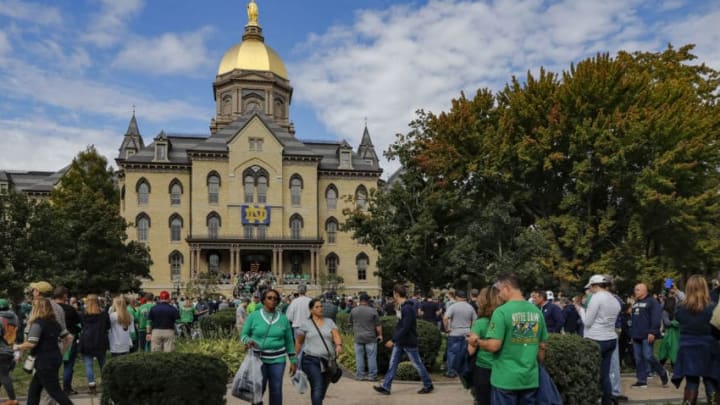 SOUTH BEND, IN - SEPTEMBER 29: General view of the Main Administration Building and Golden Dome are seen on the campus of Notre Dame University before the Notre Dame Fighting Irish versus Stanford Cardinal game at Notre Dame Stadium on September 29, 2018 in South Bend, Indiana. (Photo by Michael Hickey/Getty Images)