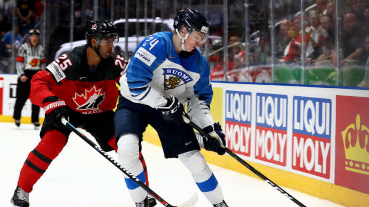 BRATISLAVA, SLOVAKIA - MAY 26: Darnell Nurse #25 of Canada challenges Kaapo Kakko #24 of Finland during the 2019 IIHF Ice Hockey World Championship Slovakia final game between Canada and Finland at Ondrej Nepela Arena on May 26, 2019 in Bratislava, Slovakia. (Photo by Martin Rose/Getty Images)
