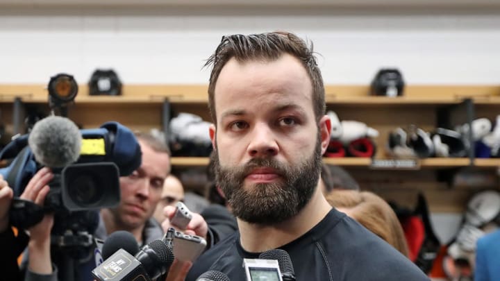PHILADELPHIA, PA – APRIL 06: Radko Gudas #3 of the Philadelphia Flyers speaks to the media after being defeated 4-3 by the Carolina Hurricanes on April 6, 2019 at the Wells Fargo Center in Philadelphia, Pennsylvania. Tonight’s game is the last of the Flyers’ season. (Photo by Len Redkoles/NHLI via Getty Images)