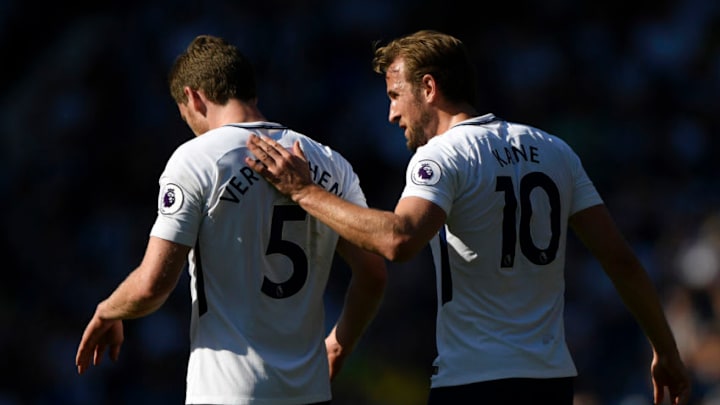 WEST BROMWICH, ENGLAND - MAY 05: Jan Vertonghen of Tottenham Hotspur is embraced by Harry Kane of Tottenham Hotspur as he goes off injured during the Premier League match between West Bromwich Albion and Tottenham Hotspur at The Hawthorns on May 5, 2018 in West Bromwich, England. (Photo by Stu Forster/Getty Images)
