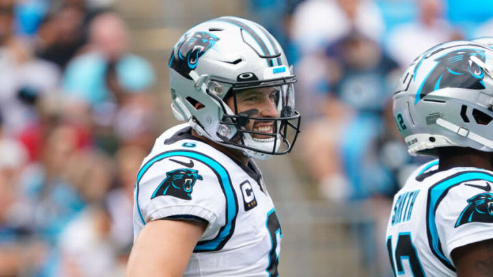 Sep 25, 2022; Charlotte, North Carolina, USA; Carolina Panthers quarterback Baker Mayfield (6) looks on against the New Orleans Saints during the second half at Bank of America Stadium. Mandatory Credit: James Guillory-USA TODAY Sports