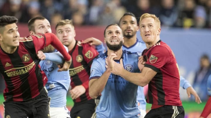 NEW YORK, NEW YORK - November 4: Maxime Chanot #4 of New York City and Jeff Larentowicz #18 of Atlanta United jostle for position at corner kick during the New York City FC Vs Atlanta United FC MLS Eastern Conference Semifinal match at Yankee Stadium on November 4th, 2018 in New York City. (Photo by Tim Clayton/Corbis via Getty Images)