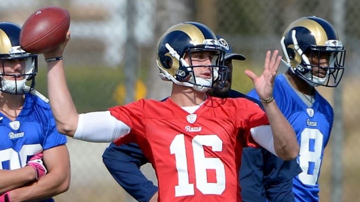 May 6, 2016; Oxnard, CA, USA; Los Angeles Rams quarterback Jared Goff (16) during rookie minicamp at River Ridge Fields. Mandatory Credit: Jayne Kamin-Oncea-USA TODAY Sports