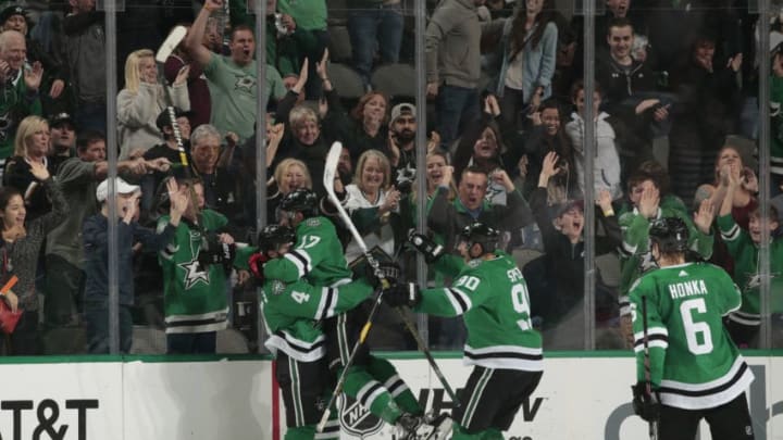 DALLAS, TX - OCTOBER 25: Devin Shore #17, Jason Spezza #90 and Miro Heiskanen #4 of the Dallas Stars celebrates his first career NHL goal against the Anaheim Ducks at the American Airlines Center on October 25, 2018 in Dallas, Texas. (Photo by Glenn James/NHLI via Getty Images)