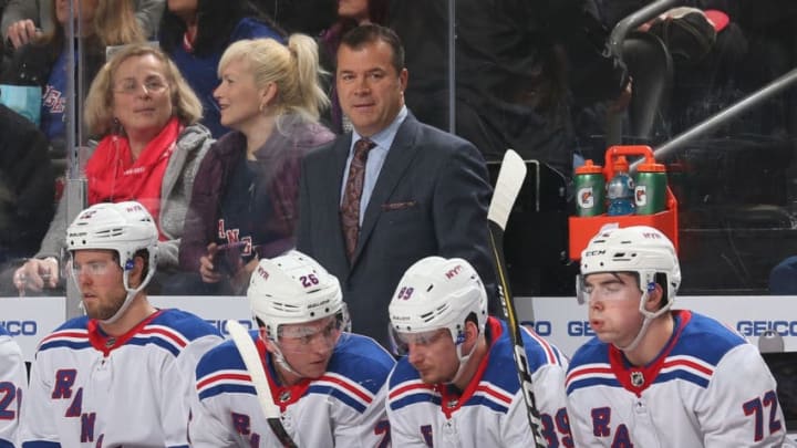 NEWARK, NJ - APRIL 03: Head Coach Alain Vigneault of the New York Rangers looks on during the game against the New Jersey Devils at Prudential Center on April 3, 2018 in Newark, New Jersey. (Photo by Andy Marlin/NHLI via Getty Images)