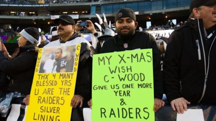 Dec 24, 2015; Oakland, CA, USA; Oakland Raiders fans hold signs for free safety Charles Woodson (not pictured) before the game against the San Diego Chargers at O.co Coliseum. Mandatory Credit: Kelley L Cox-USA TODAY Sports