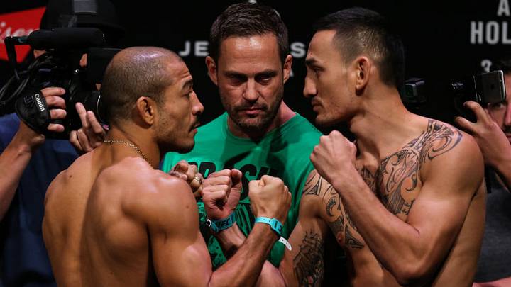 RIO DE JANEIRO, BRAZIL - JUNE 02: Opponents Jose Aldo (L) of Brazil and Max Holloway of the United States face off during the UFC Fight Night weigh-in at Jeunesse Arena on June 02, 2017 in Rio de Janeiro, Brazil. (Photo by Buda Mendes/Zuffa LLC/Zuffa LLC via Getty Images)